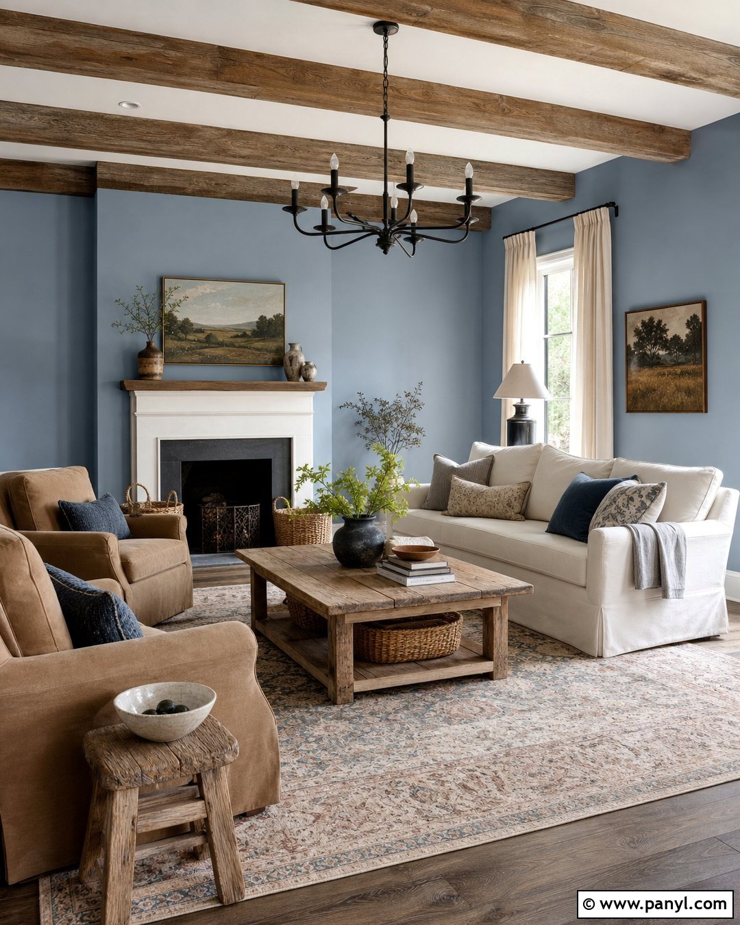 Satin Blue Farmhouse Living Room With Wood Beams - 20 Satin Blue Wall Paint Ideas