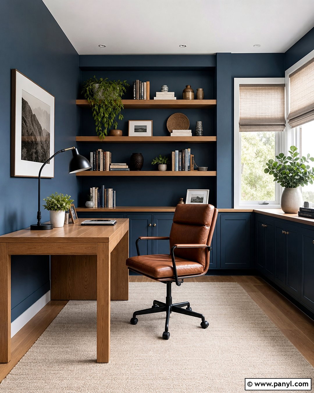 Satin Blue Home Office With Oak Shelves - 20 Satin Blue Wall Paint Ideas