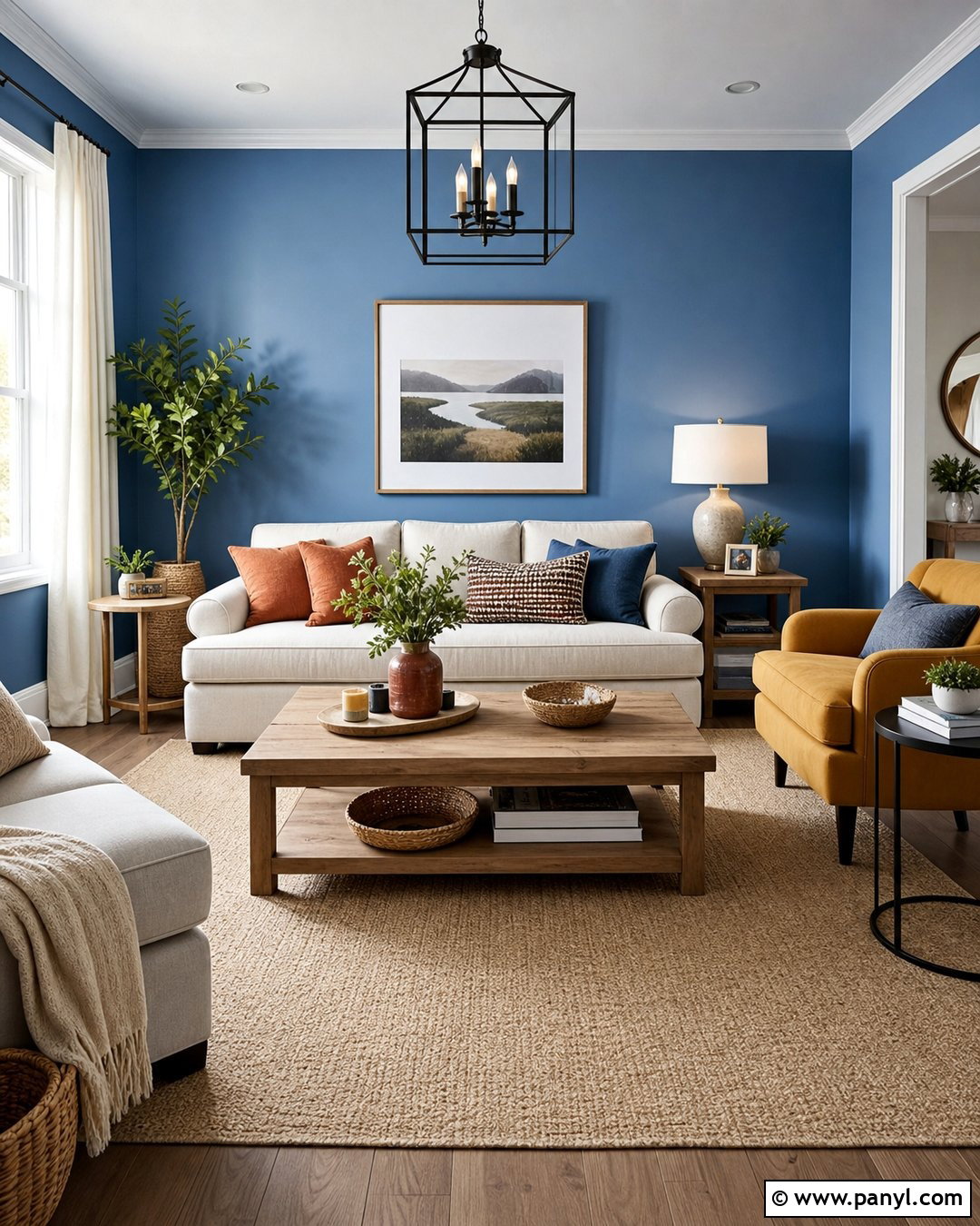 Satin Blue Living Room With Mustard Accents - 20 Satin Blue Wall Paint Ideas