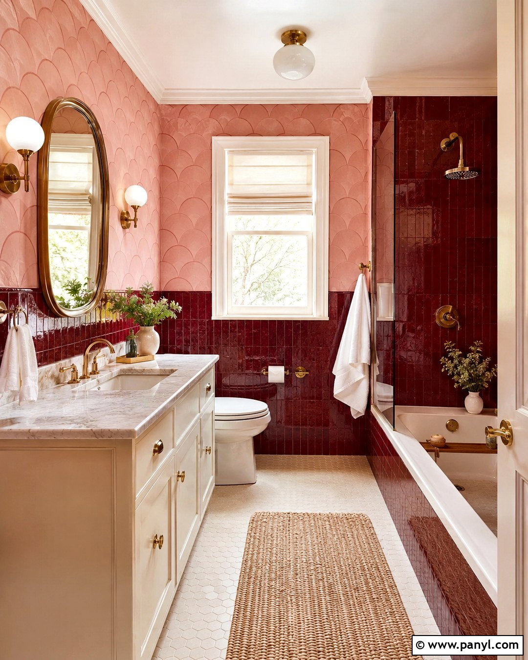 Scallop Pink Bathroom With Burgundy Tile - 20 Scallop Pink Wall Ideas