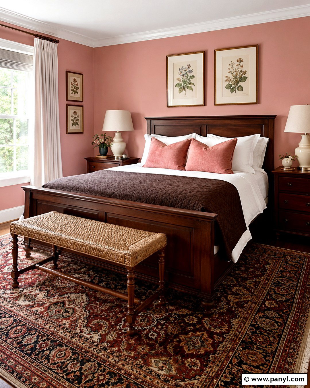 Scallop Pink Bedroom With Dark Wood Furniture - 20 Scallop Pink Wall Ideas