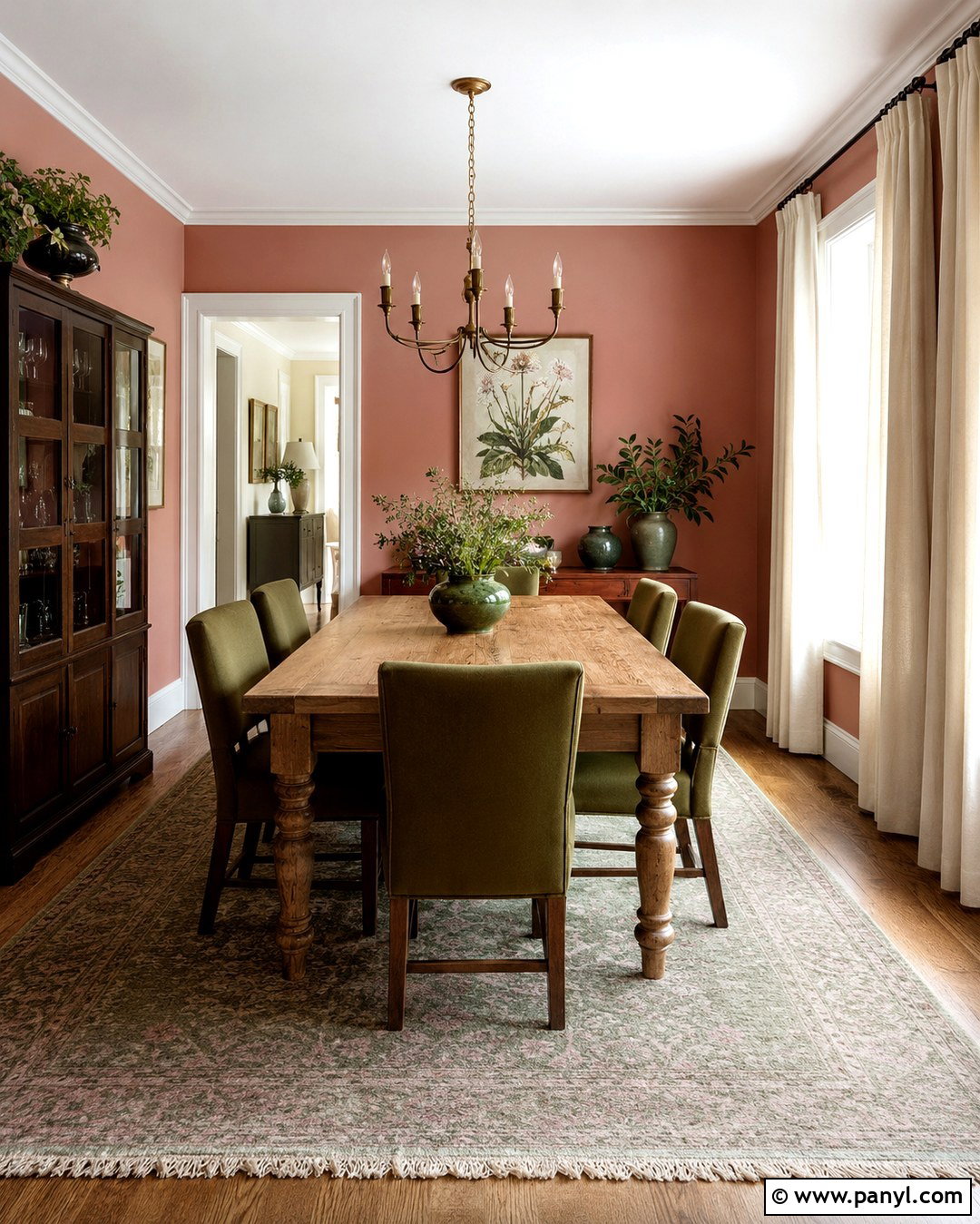 Scallop Pink Dining Room With Olive Green Accents - 20 Scallop Pink Wall Ideas