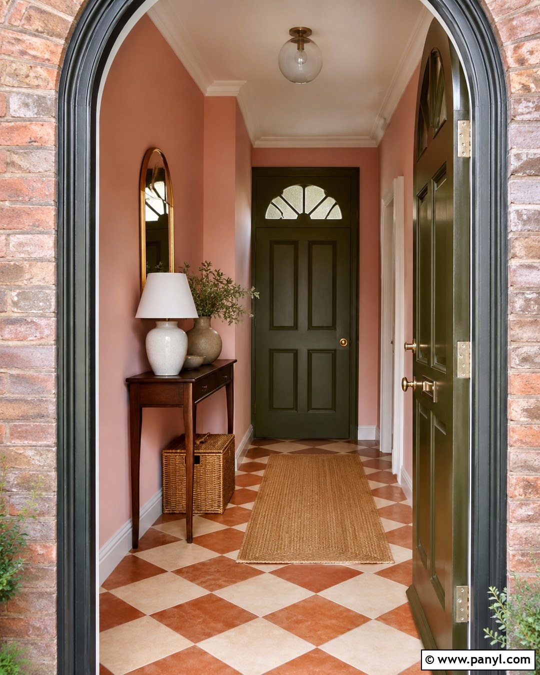 Scallop Pink Entryway With Checkerboard Floor - 20 Scallop Pink Wall Ideas
