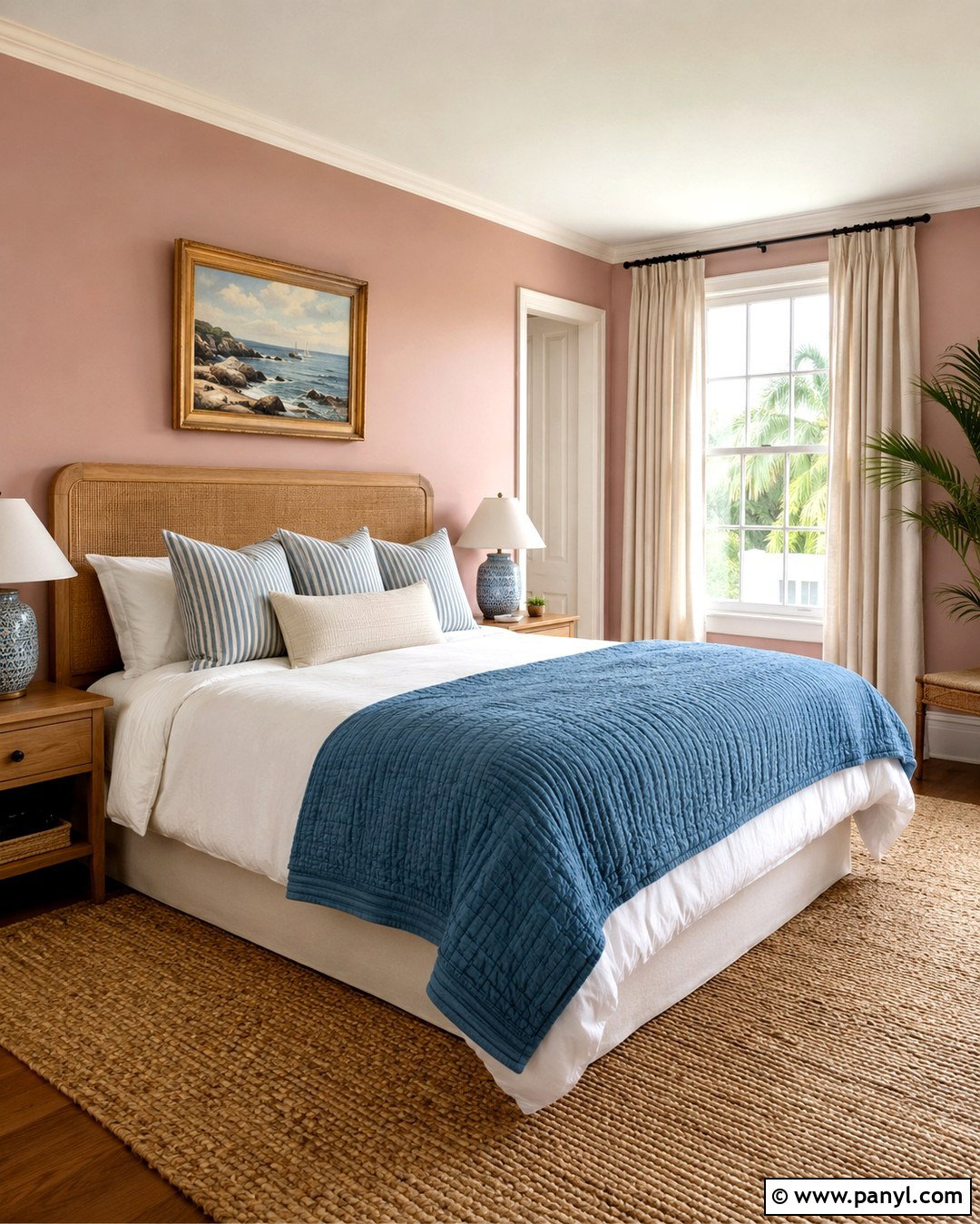 Scallop Pink Guest Room With Blue Textiles - 20 Scallop Pink Wall Ideas