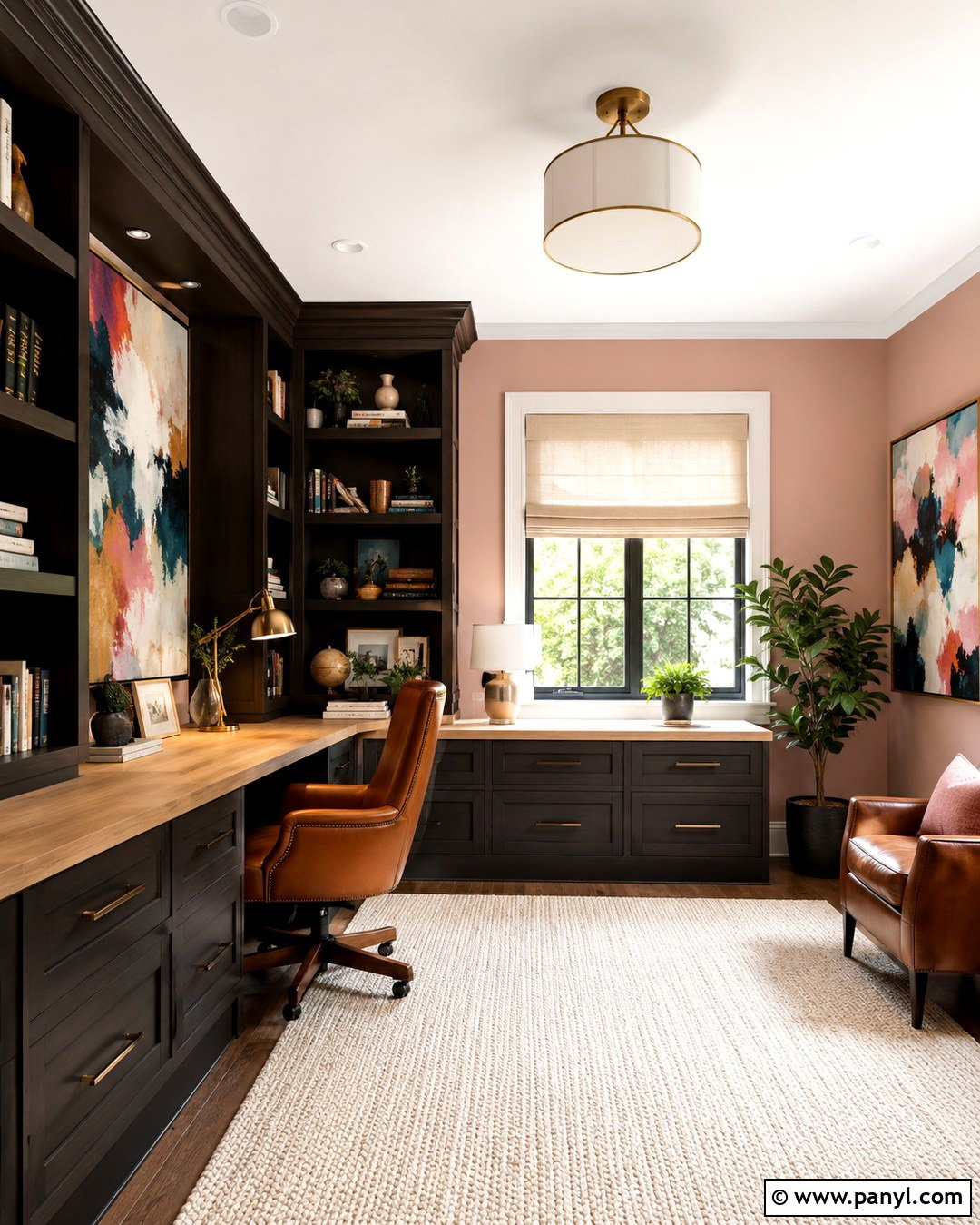 Scallop Pink Home Office With Brown Built-Ins - 20 Scallop Pink Wall Ideas