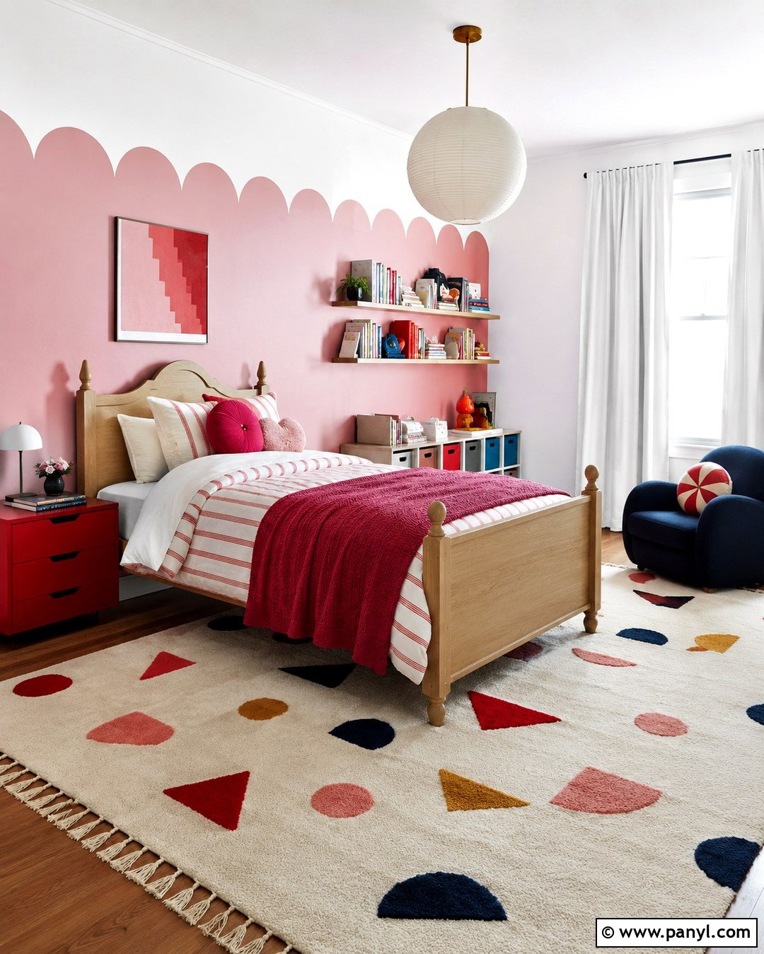 Scallop Pink Kids Bedroom With Red Accents - 20 Scallop Pink Wall Ideas