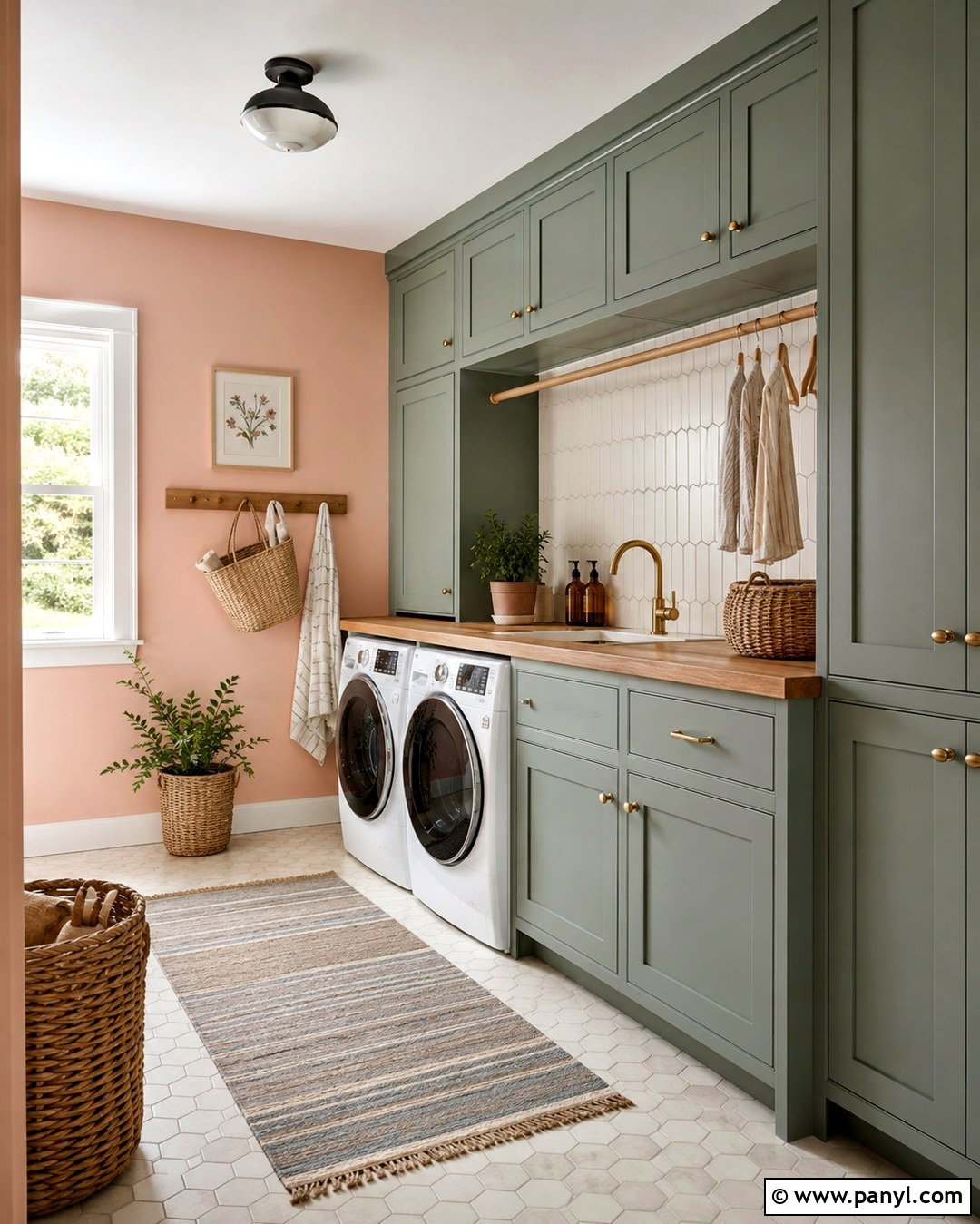 Scallop Pink Laundry Room With Sage Cabinets - 20 Scallop Pink Wall Ideas