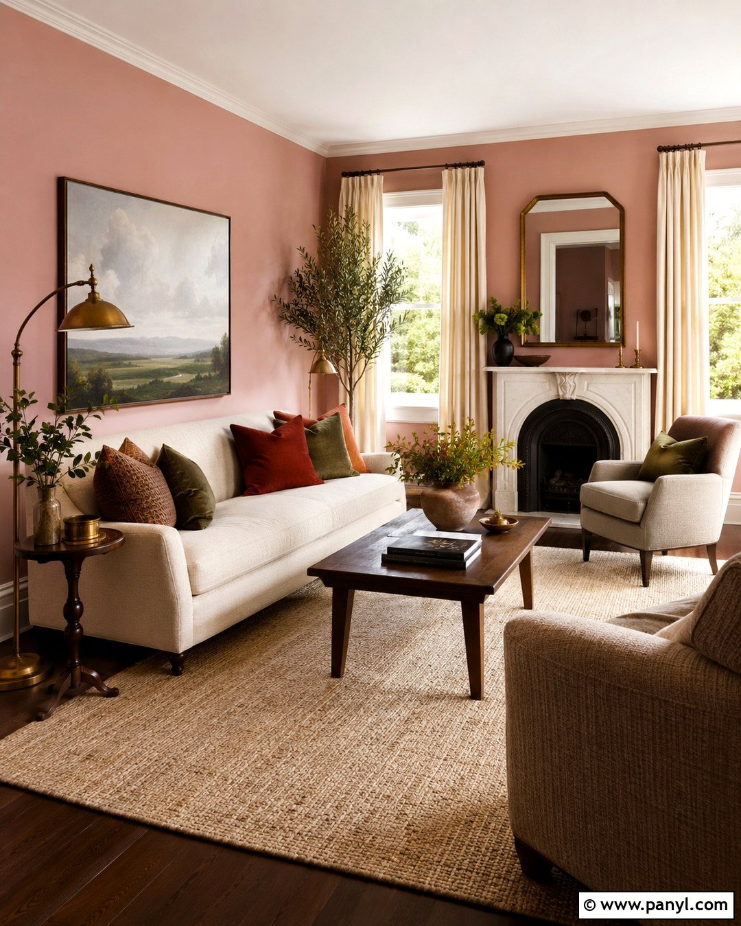 Scallop Pink Living Room With Cream Sofa - 20 Scallop Pink Wall Ideas