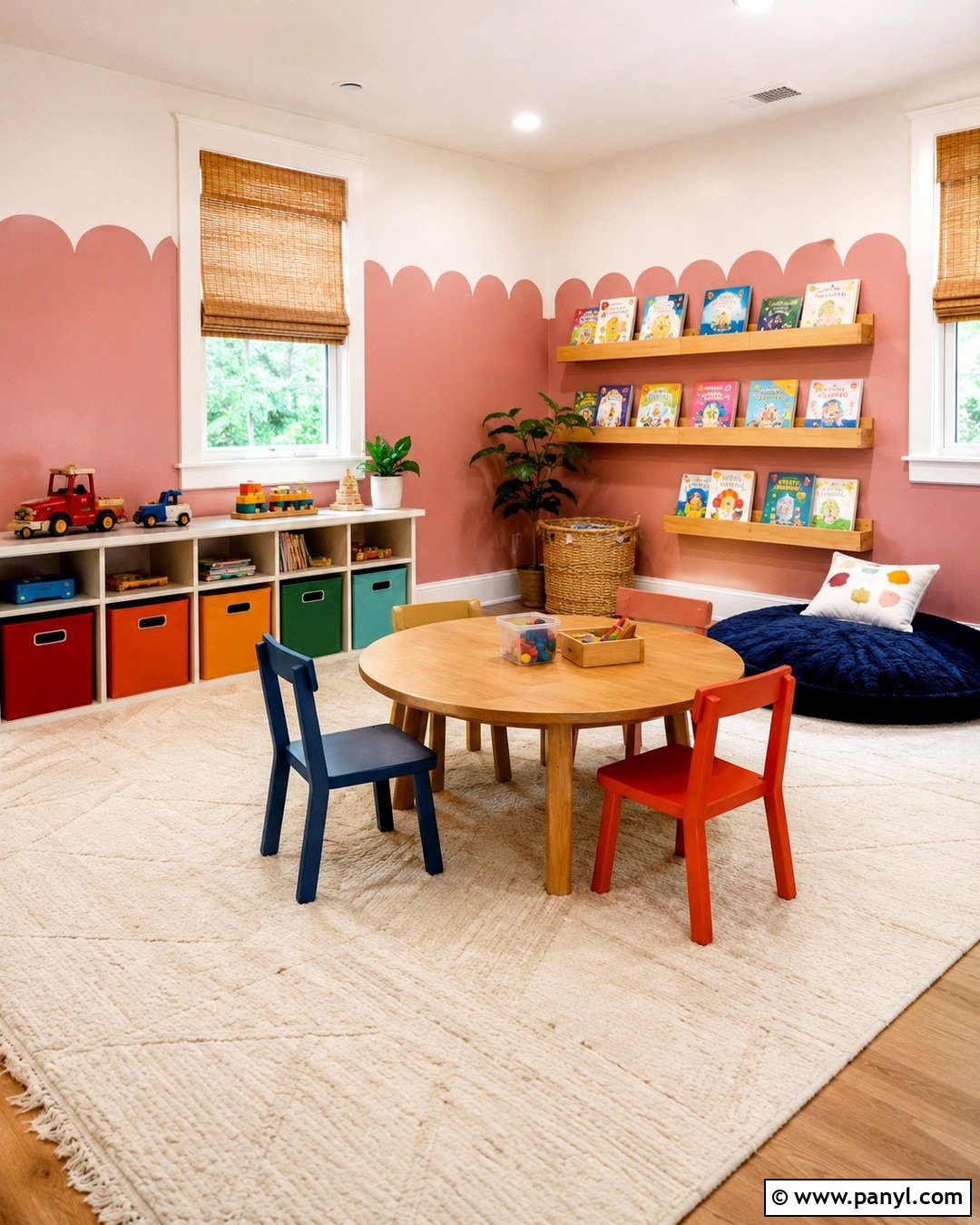 Scallop Pink Playroom With Colorful Storage - 20 Scallop Pink Wall Ideas