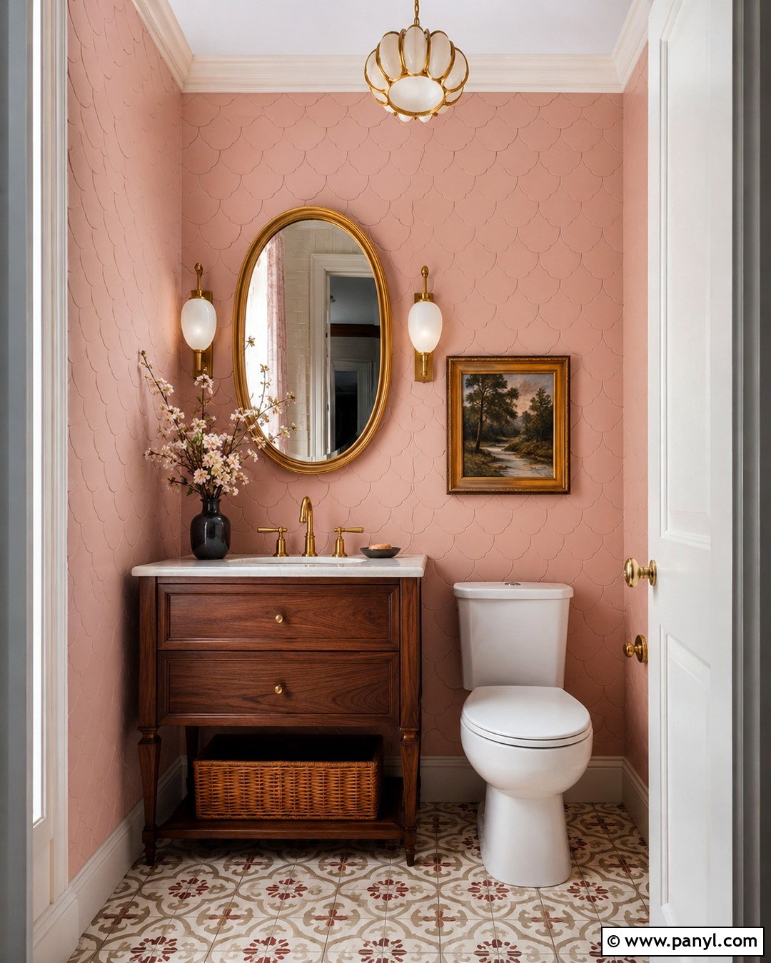 Scallop Pink Powder Room With Brass Fixtures - 20 Scallop Pink Wall Ideas