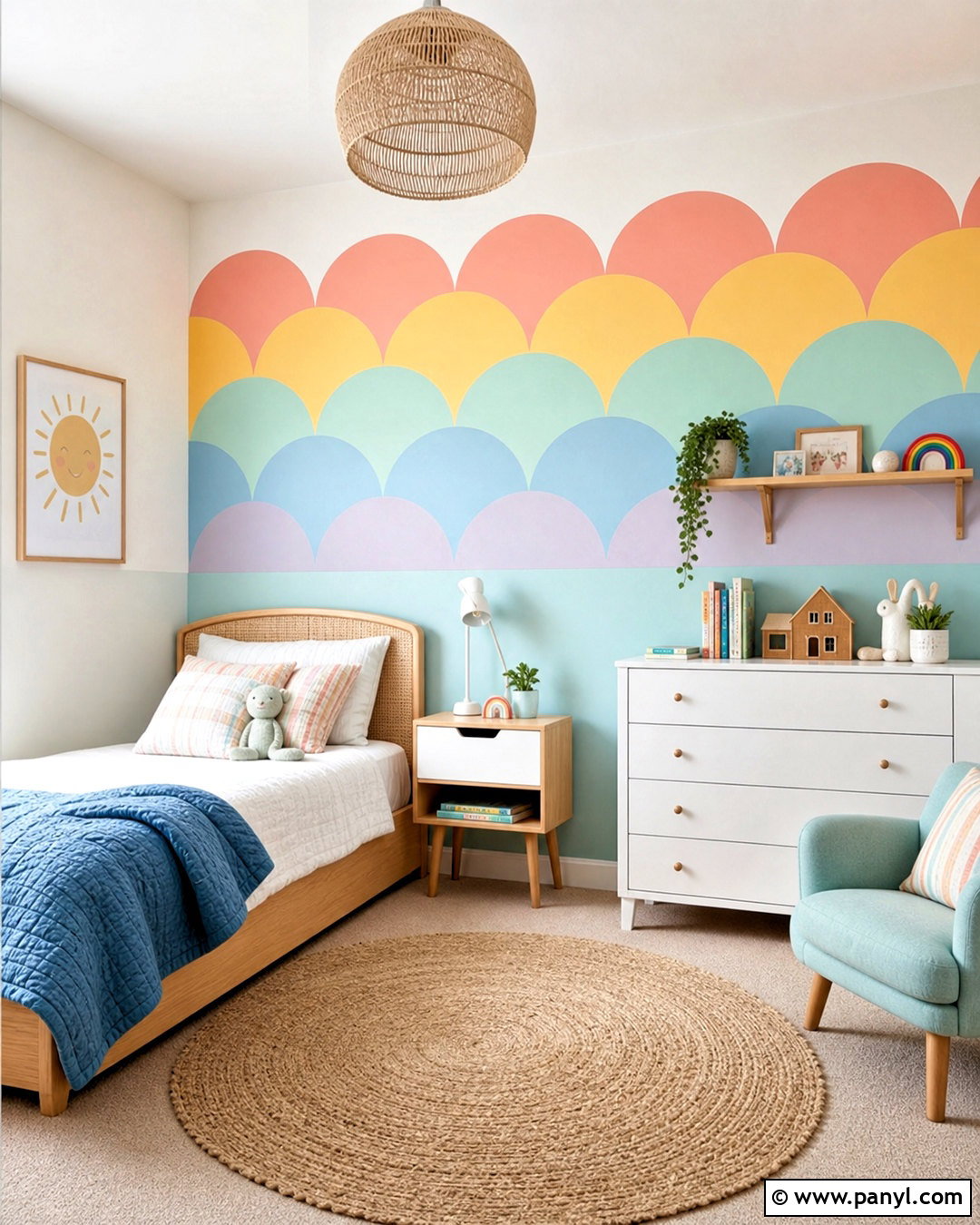 Scalloped Rainbow Mural - 20 rainbow mural kids room diy ideas