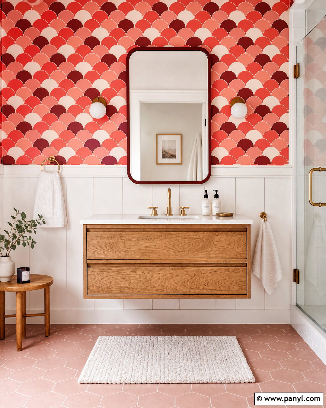Scalloped Red Wallpaper Bathroom - 20 funky red wallpaper ideas