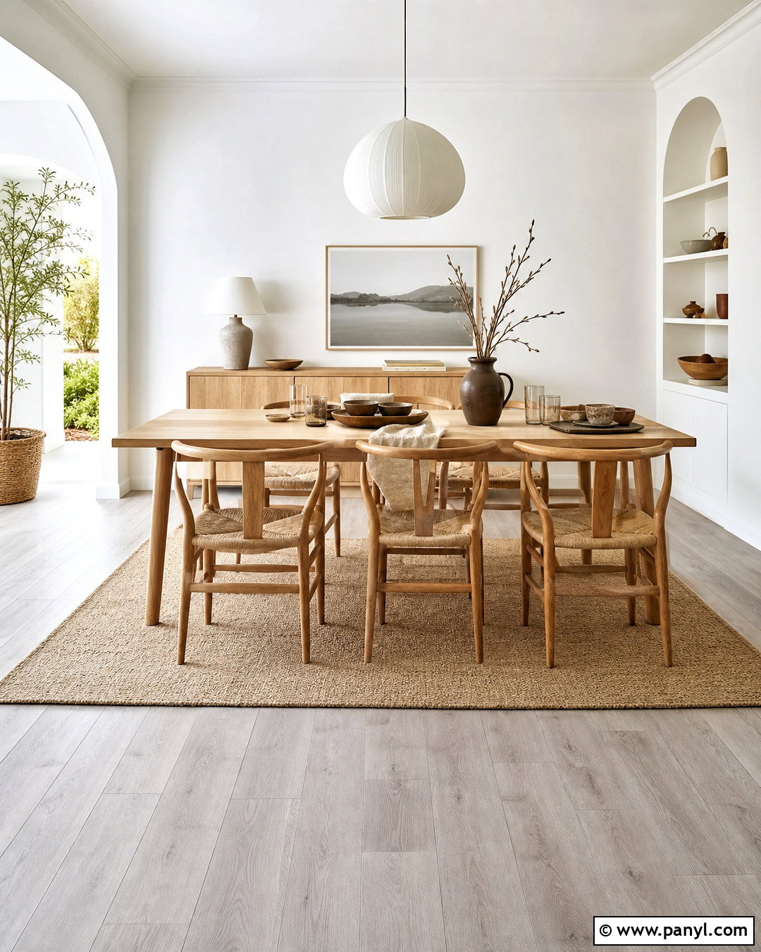 Scandinavian Dining Room With Grey Wood Floors - 20 white walls grey floor ideas