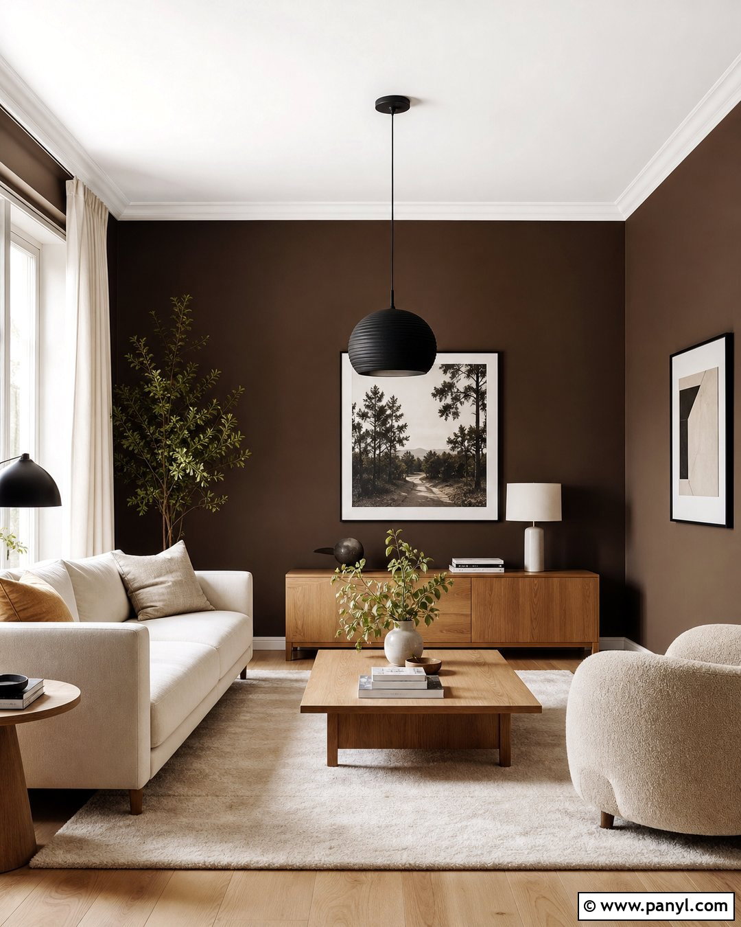 Scandinavian Living Room With Dark Brown Walls - 35 Dark Brown Walls Living Room Ideas