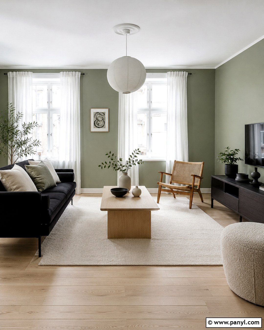 Scandinavian Living Room With Sage Green Walls And Black Furniture - 20 Sage Green Walls With Black Furniture Ideas