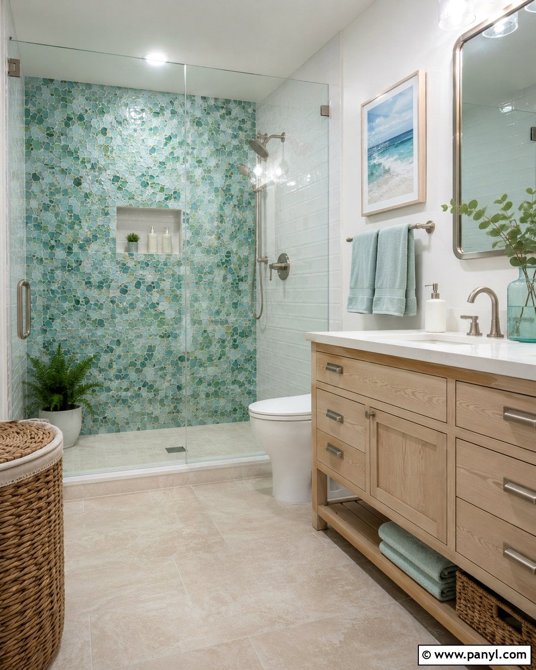 Sea Glass Mosaic Shower Wall - 20 Green Accent Wall Shower Ideas