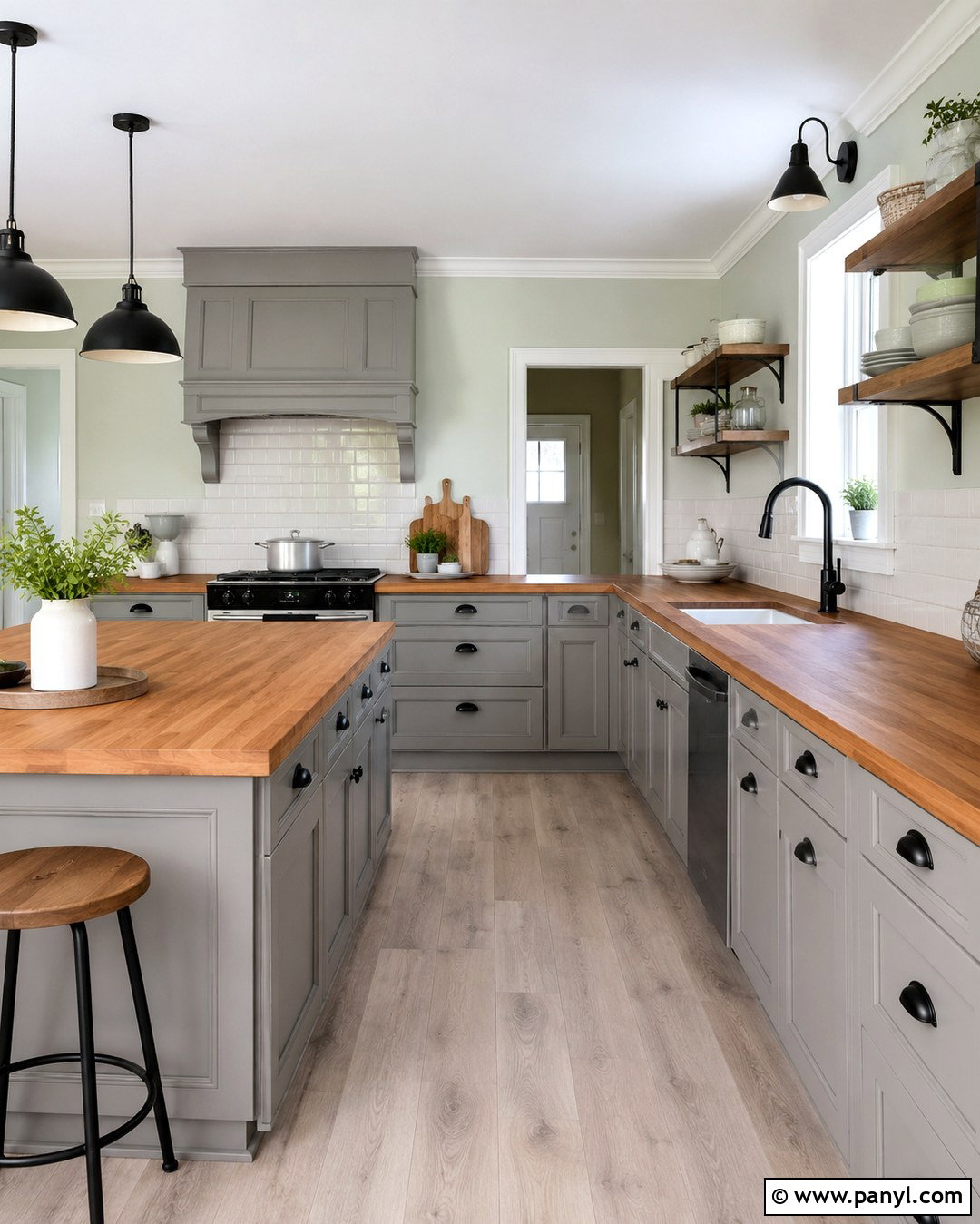 Sea Salt Walls With Gray Cabinets And Butcher Block - 20 Sea Salt Walls With Gray Cabinets