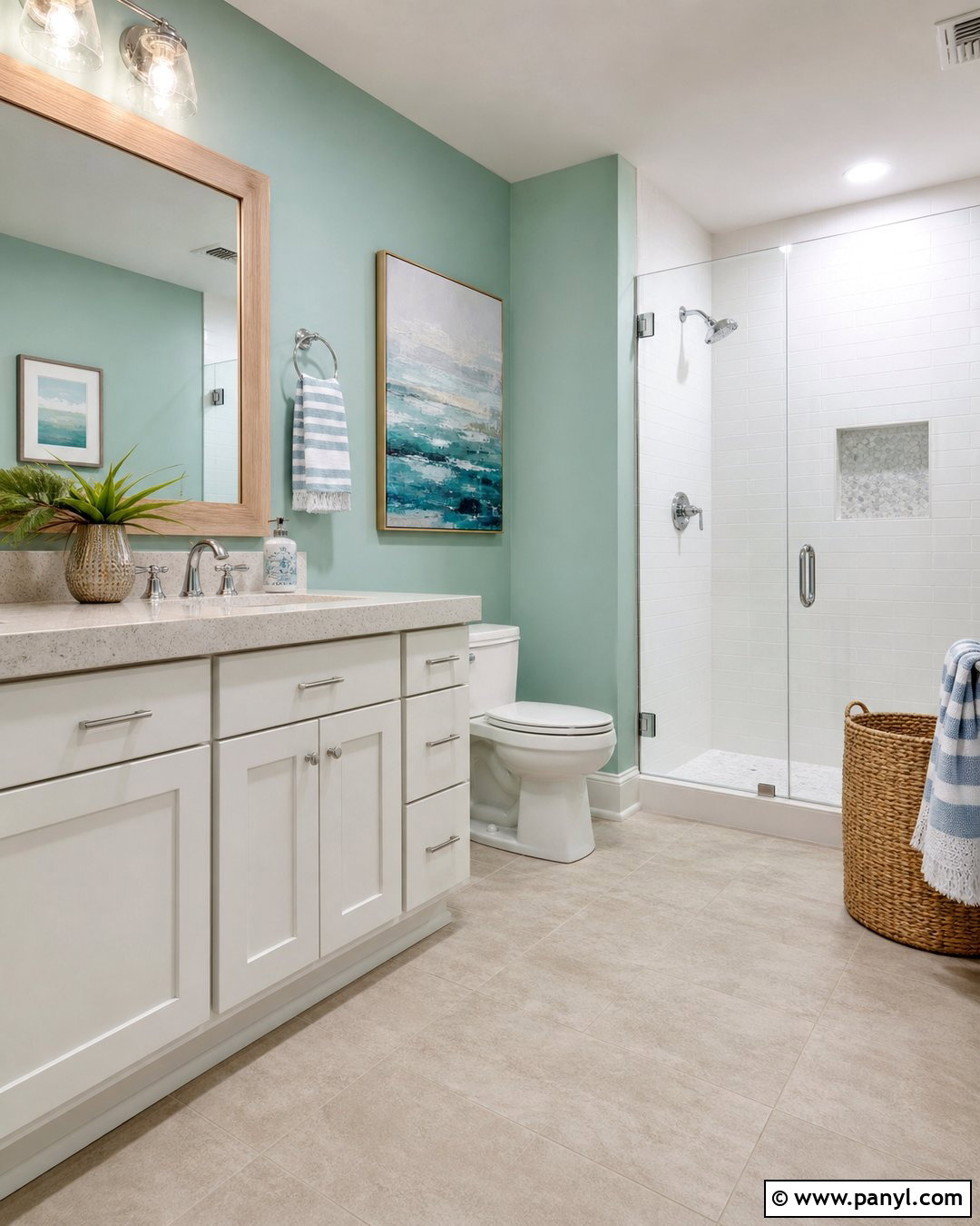 Seafoam Green Bathroom Walls With Coastal Decor - 35 Bathroom Green Walls