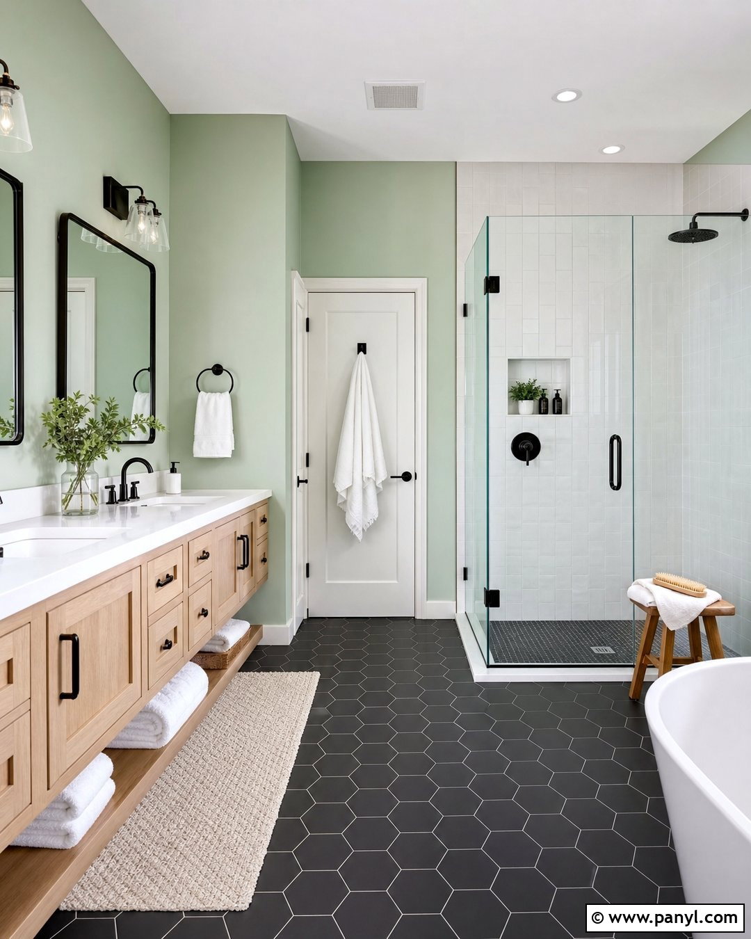 Seafoam Green Bathroom With Black Hex Tile Floors - 20 Light Green Walls Dark Floors