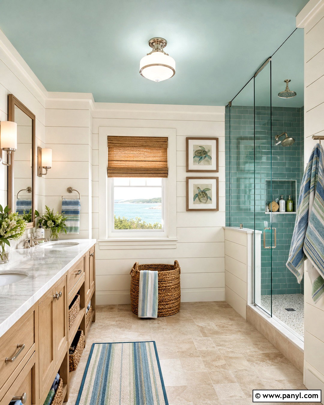 Seafoam Green Ceiling With Coastal Decor - 20 green ceiling bathroom ideas
