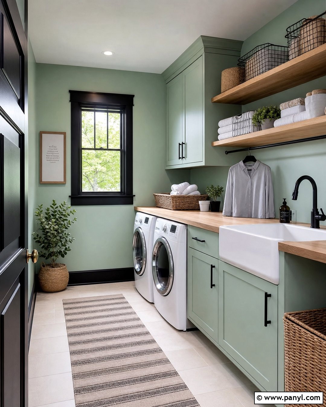 Seafoam Green Laundry Room With Black Trim - 25 Green Walls With Black Trim Ideas