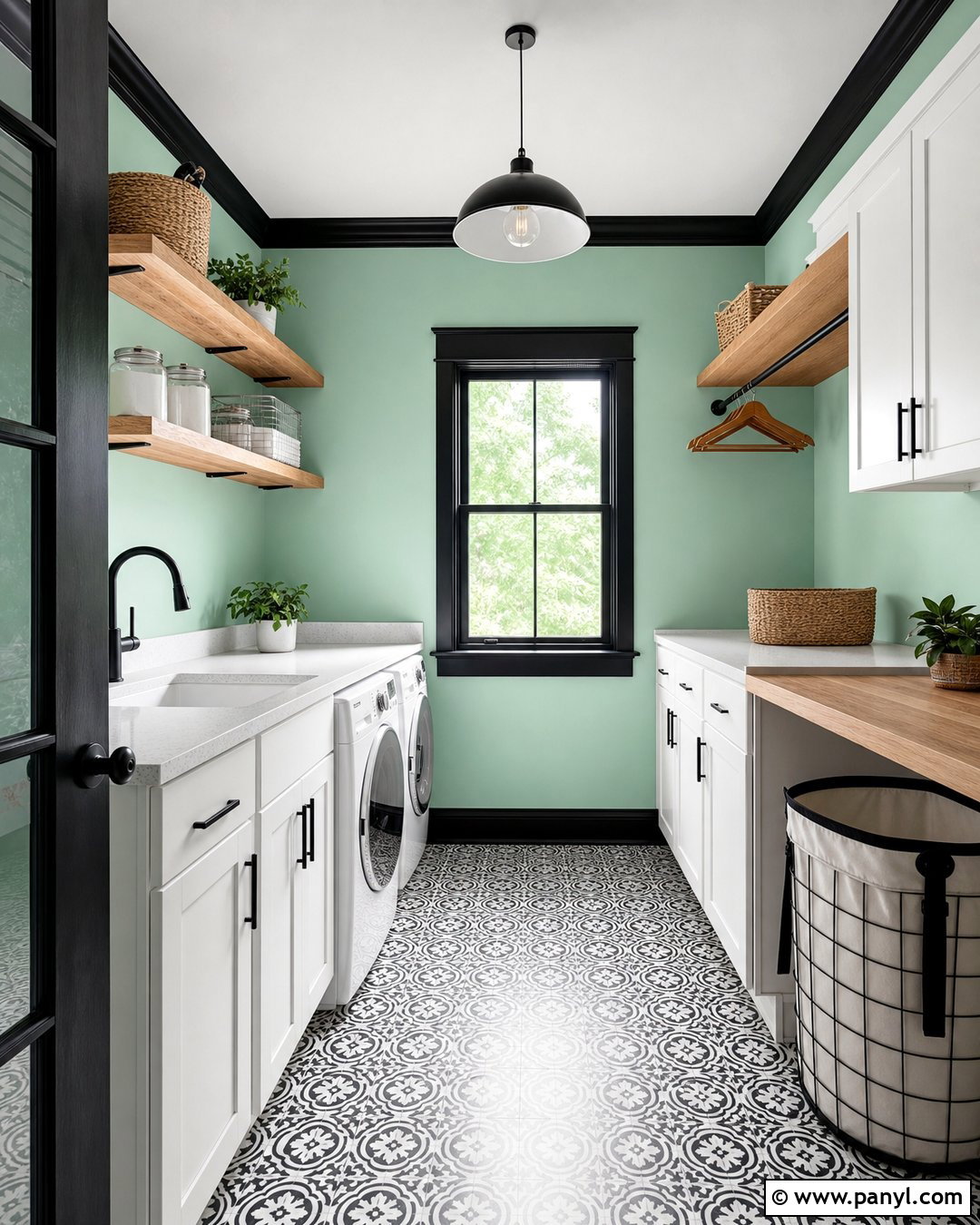Seafoam Green Laundry Room With Black Trim - 25 Green Wall Black Trim Ideas