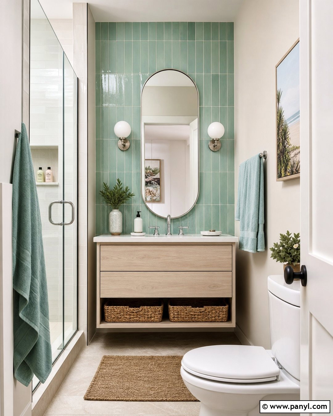 Seafoam Green Vertical Tile Bathroom Wall - 35 Green Accent Wall Bathroom Ideas