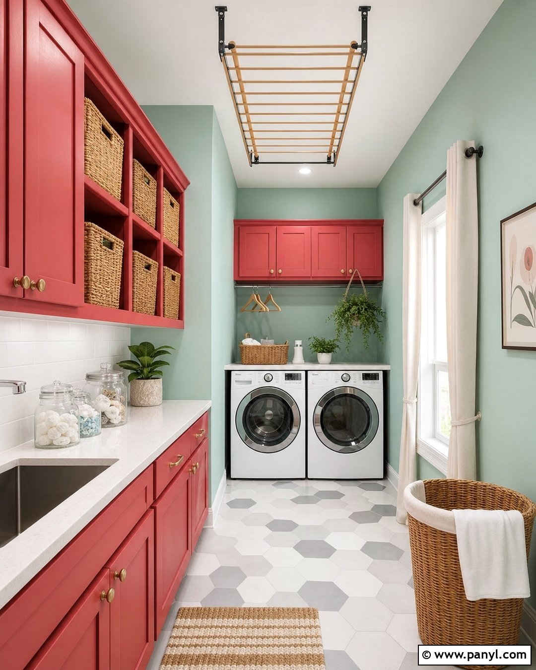 Seafoam Green Walls With Rose Red Shelving - 20 Red And Green Wall Paint Ideas