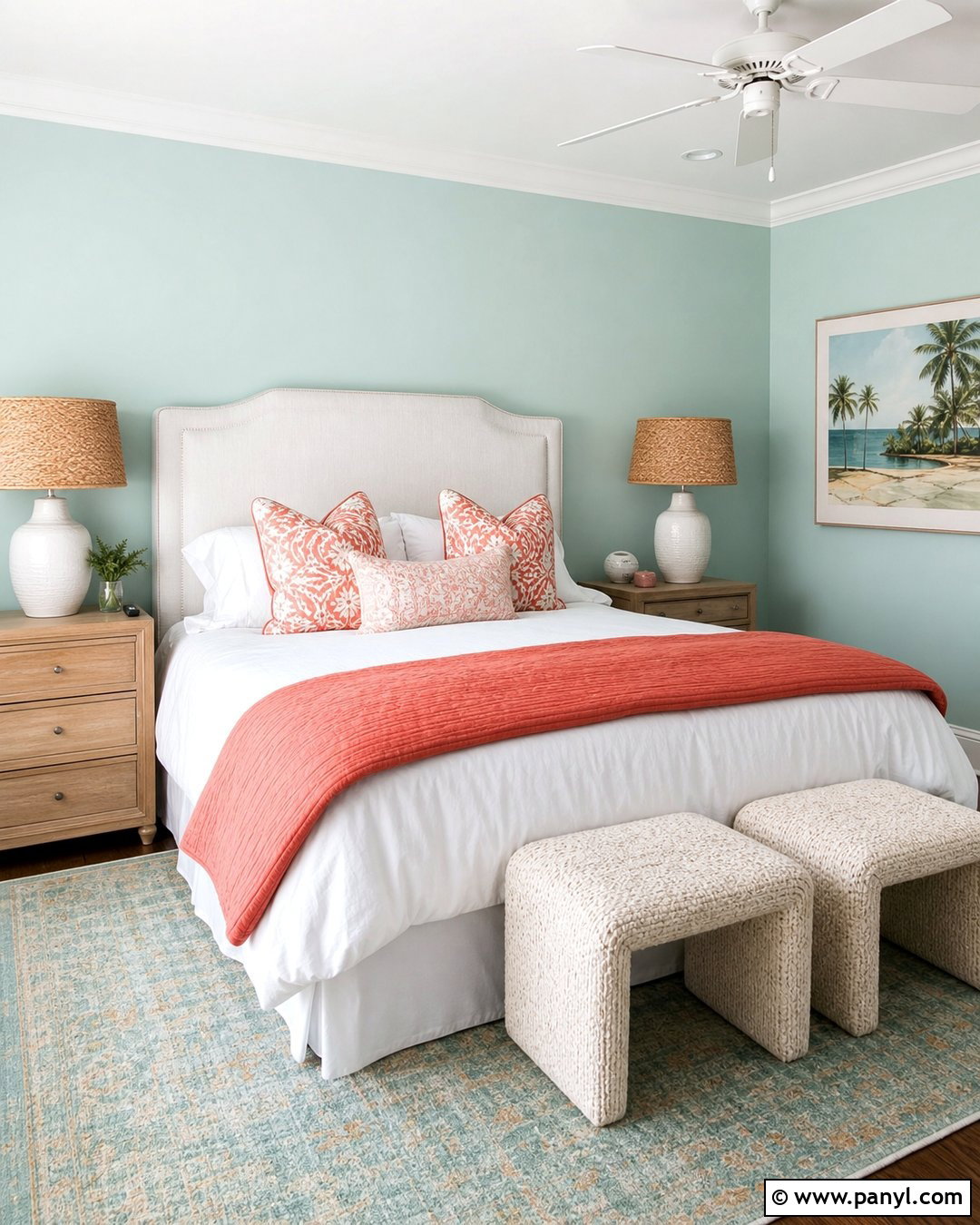 Seafoam Guest Bedroom With Coral Accents - 20 Seafoam Wall Paint Ideas