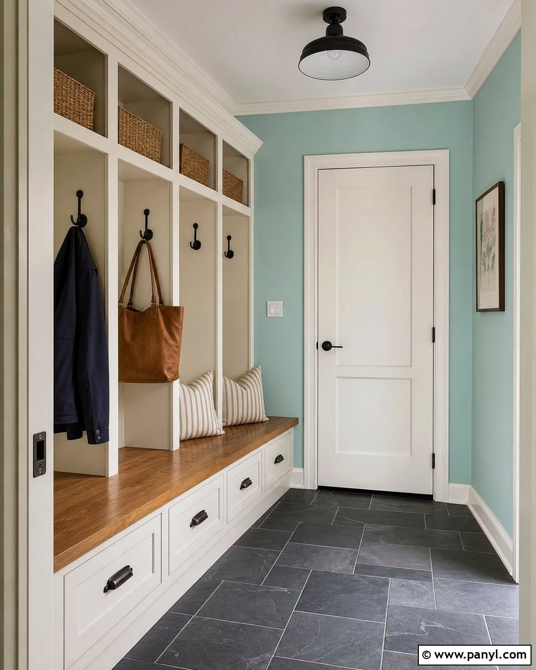 Seafoam Mudroom With Wood Storage - 20 Seafoam Wall Paint Ideas