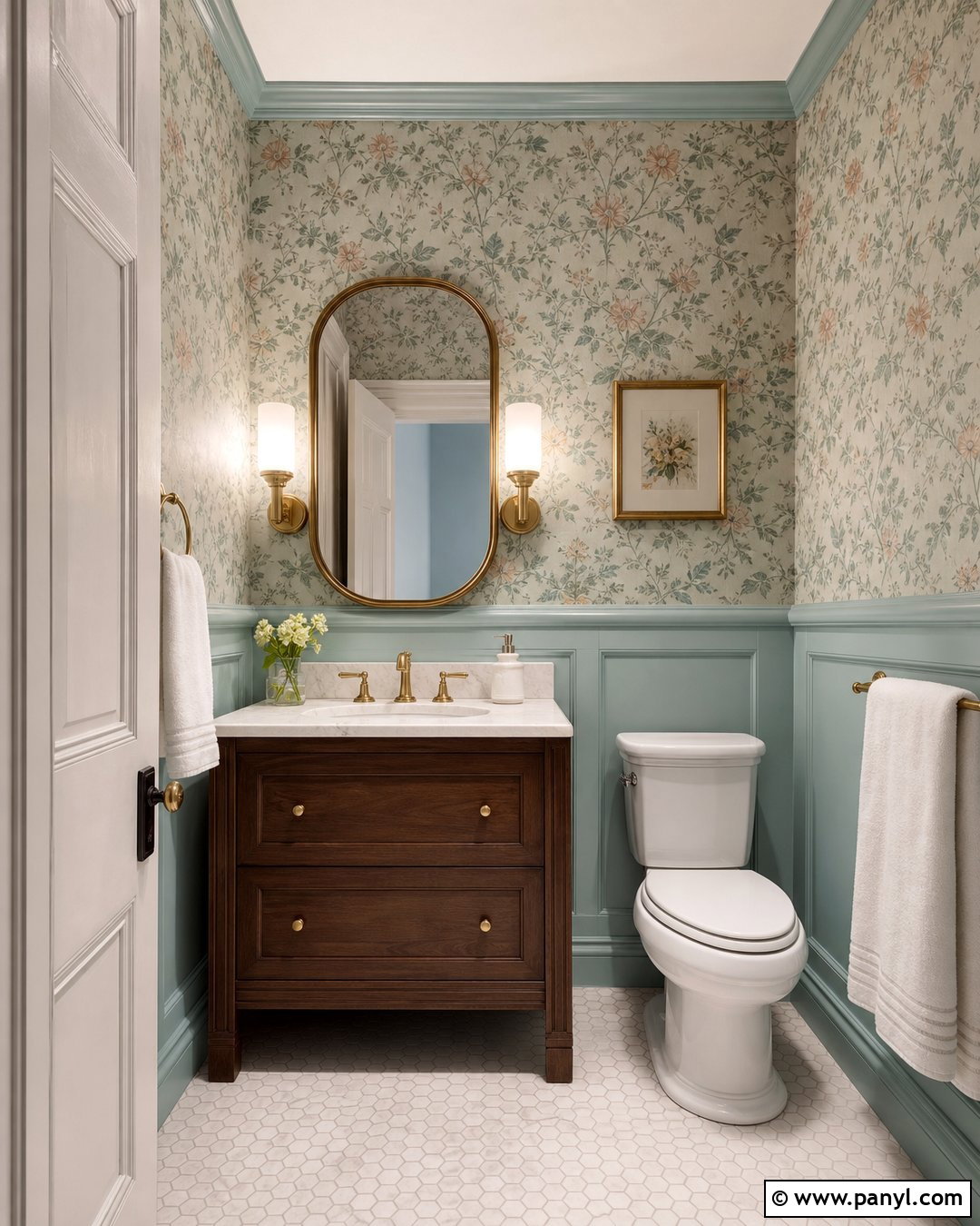 Seafoam Powder Room With Floral Wallpaper - 20 Seafoam Wall Paint Ideas