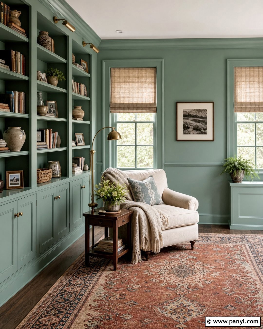 Seafoam Reading Room With Built-In Shelves - 20 Seafoam Wall Paint Ideas