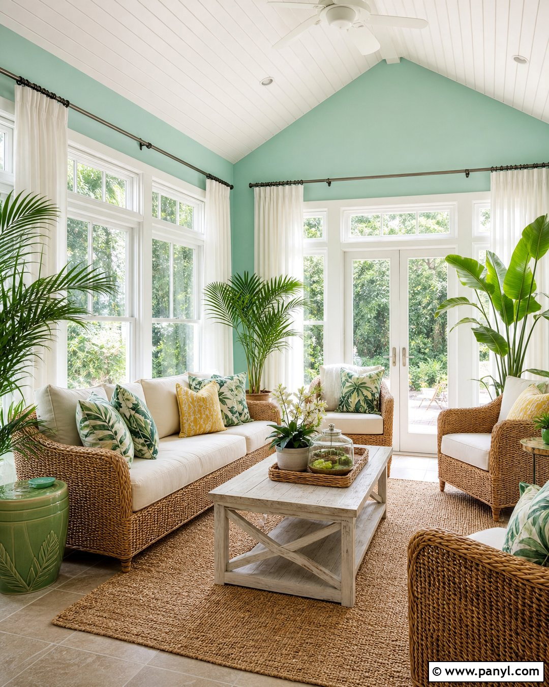 Seafoam Sunroom With Wicker Furniture - 20 Seafoam Wall Paint Ideas