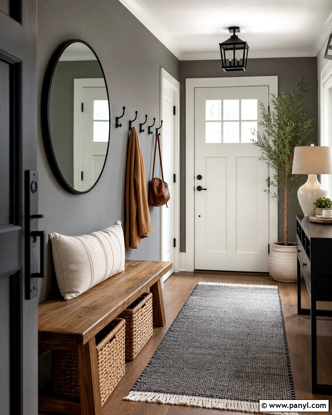 Seal Gray Entryway With Wood Bench - 25 Seal Gray Paint Wall Colors