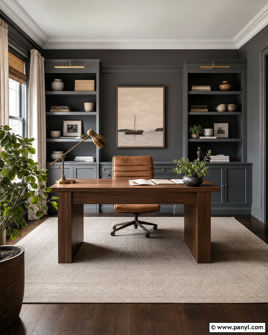 Seal Gray Home Office With Built-In Shelves - 25 Seal Gray Paint Wall Colors