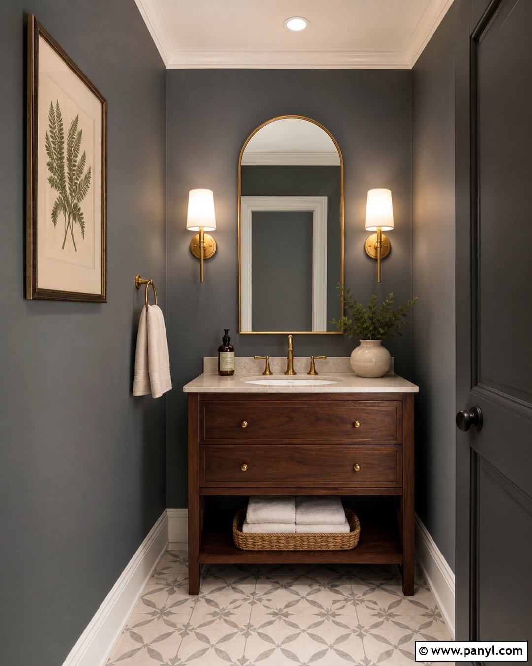 Seal Gray Powder Room With Brass Accents - 25 Seal Gray Paint Wall Colors