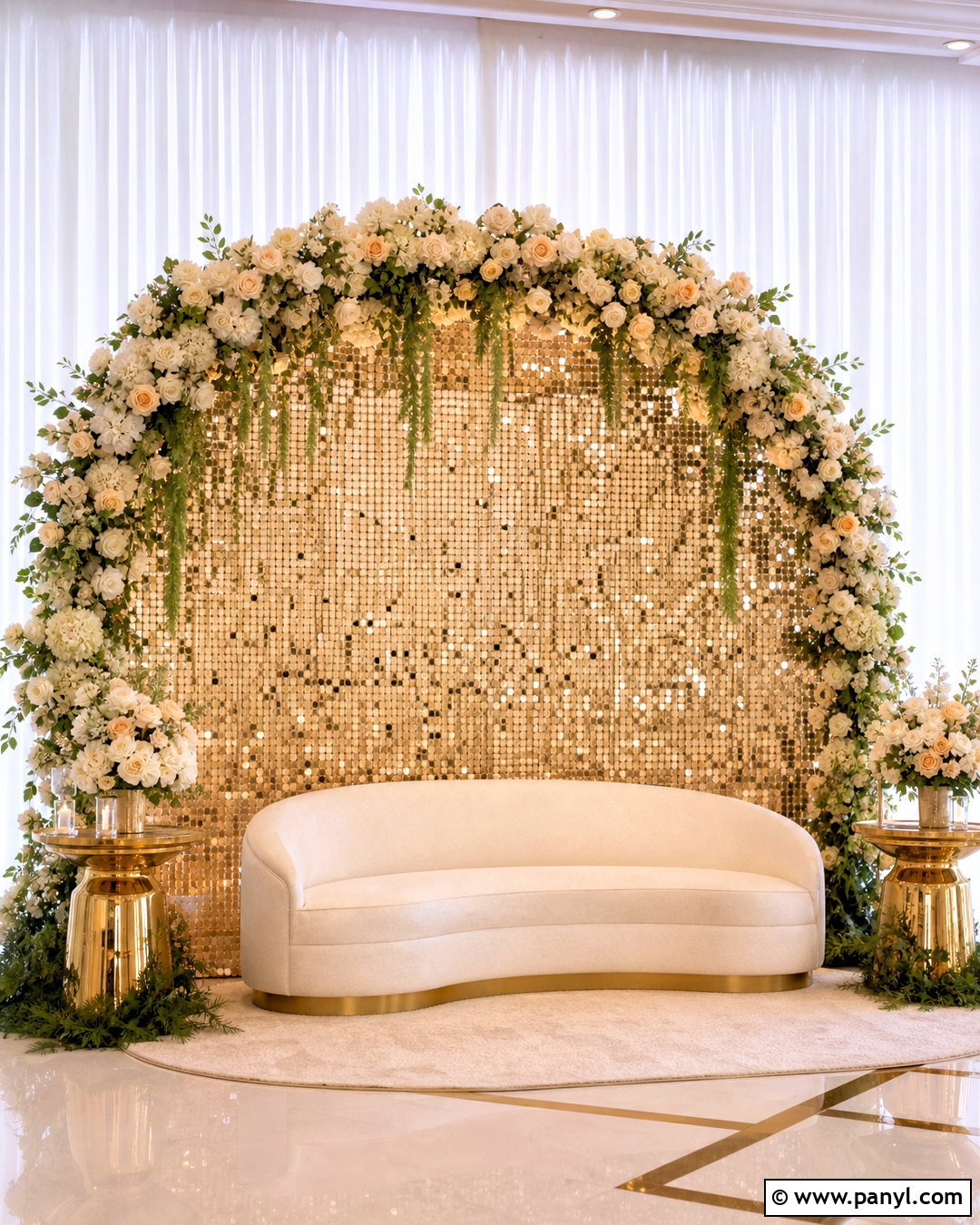 Sequin Wall Backdrop With A Floral Arch - 20 sequin wall backdrop ideas