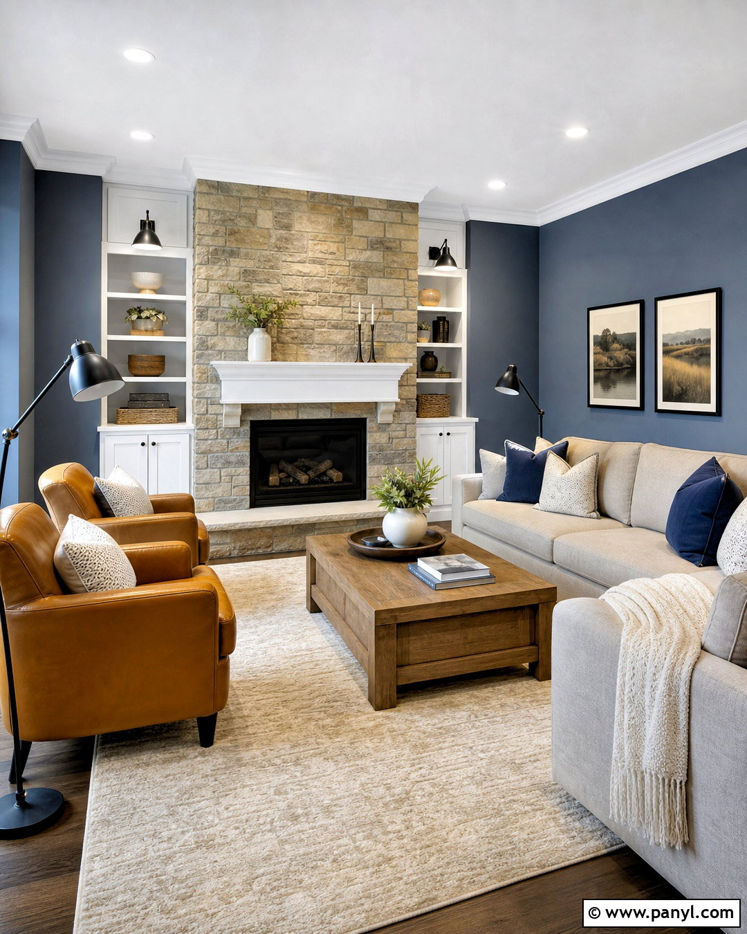 Serenely Family Room With Gray Stone Fireplace - 20 serenely sherwin williams ideas