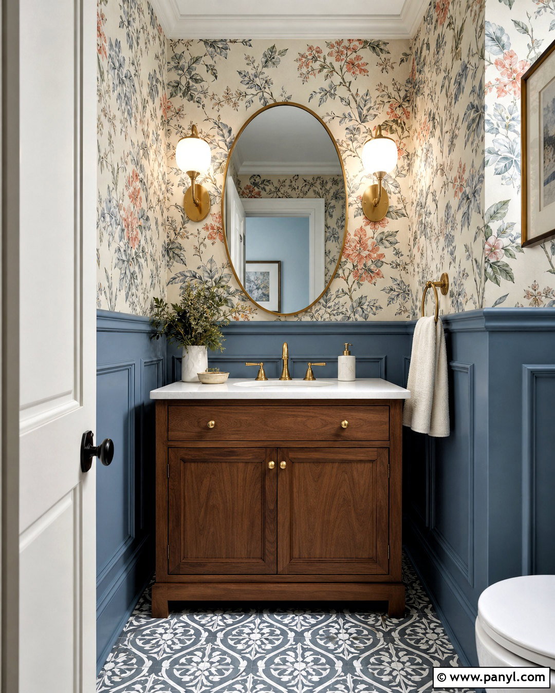 Serenely Powder Room With Floral Wallpaper - 20 serenely sherwin williams ideas