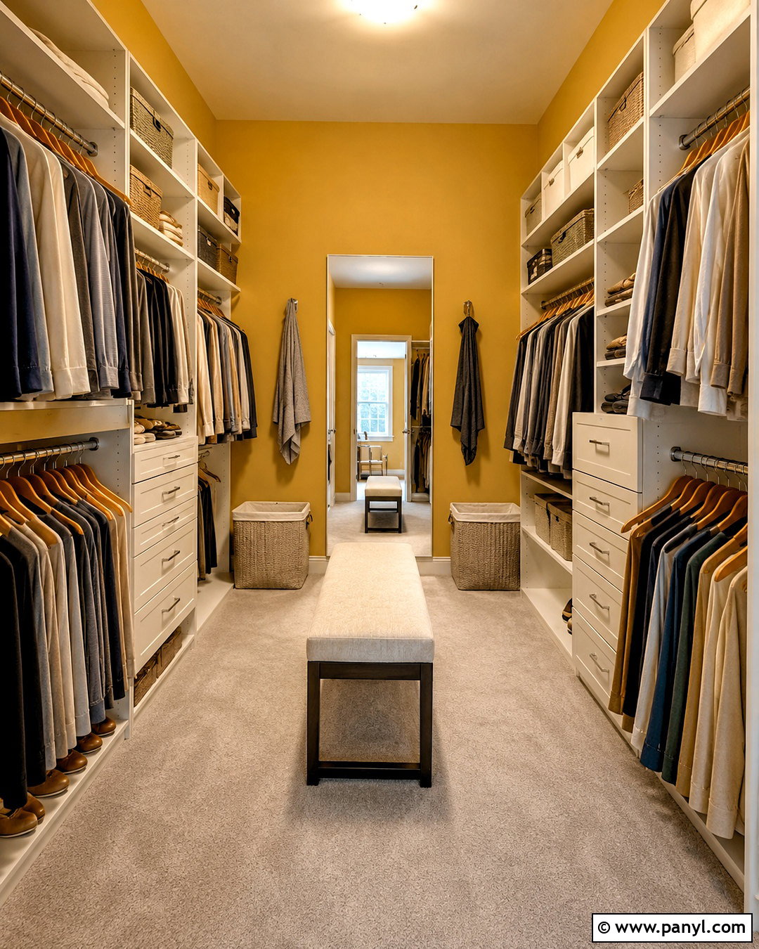 Shared Yellow Walk-In Closet - 20 Yellow Wall Closet Space Ideas