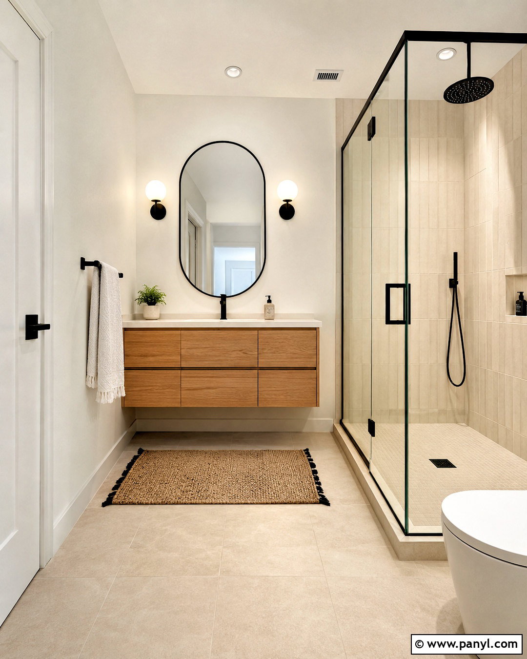Shoji White Bathroom With Black Fixtures - 35 Sw Shoji White Walls