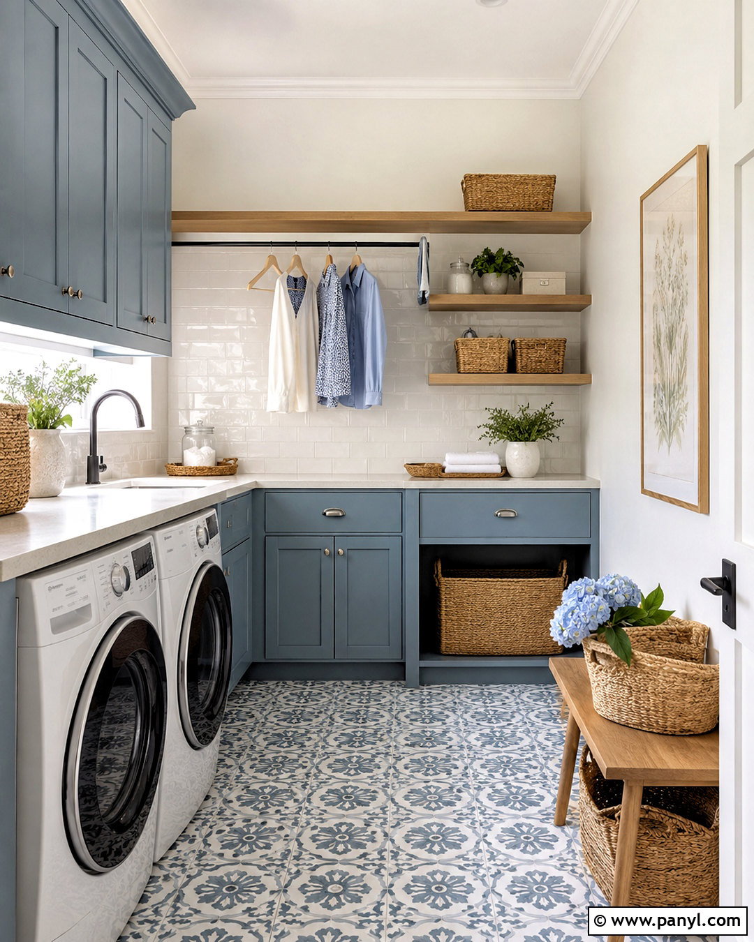 Shoji White Laundry Room With Blue Cabinets - 35 Sw Shoji White Walls