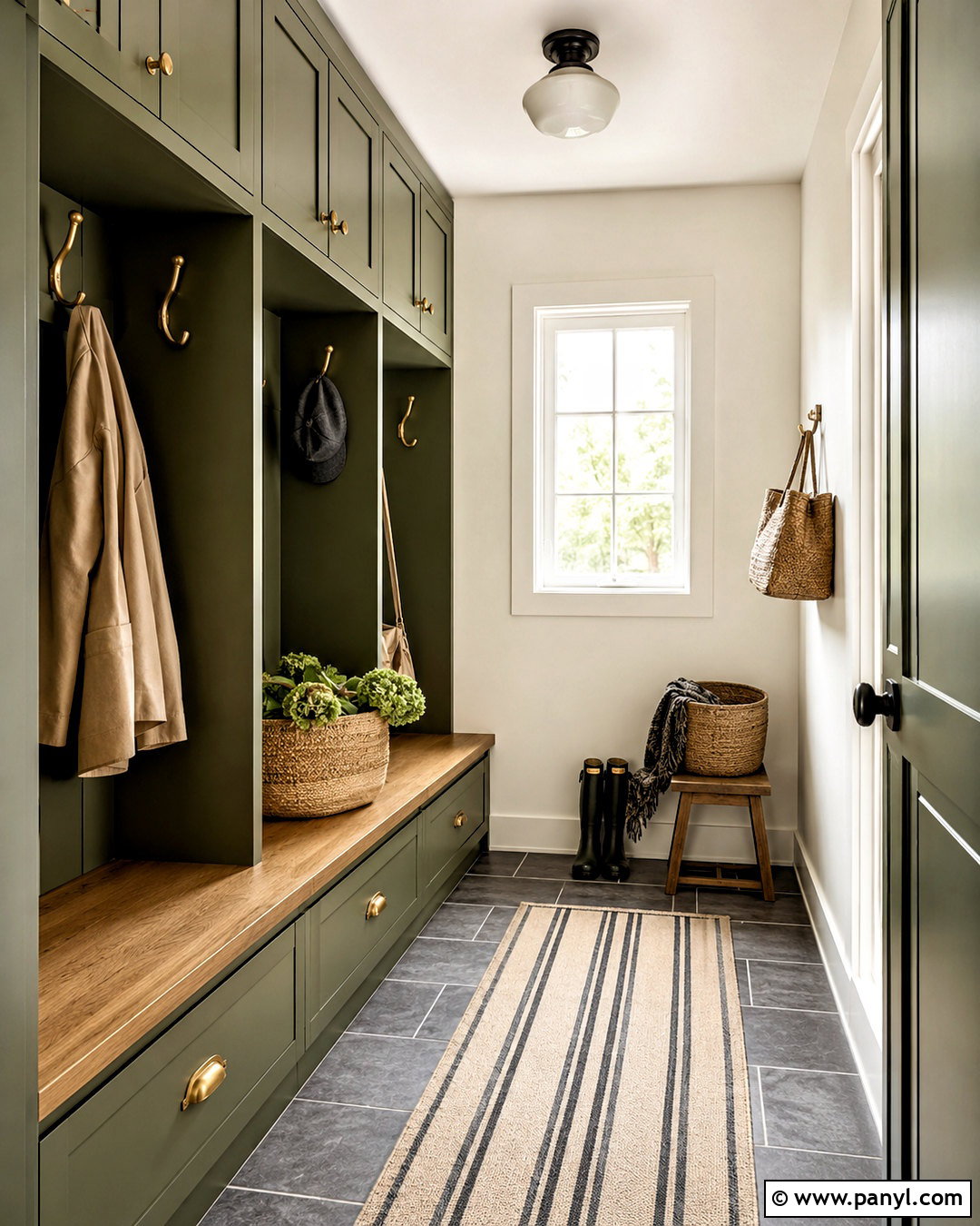 Shoji White Mudroom With Olive Cabinets - 35 Sw Shoji White Walls