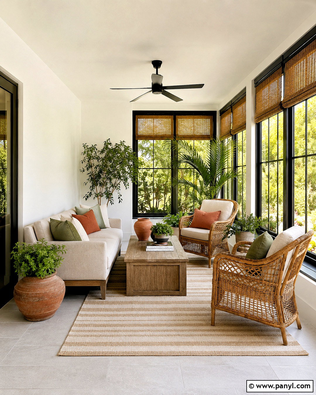 Shoji White Sunroom With Woven Furniture - 35 Sw Shoji White Walls