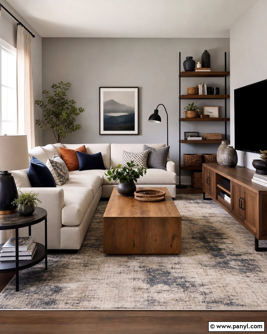 Silver And Warm Wood Family Room - 20 Silver Wall Paint Ideas