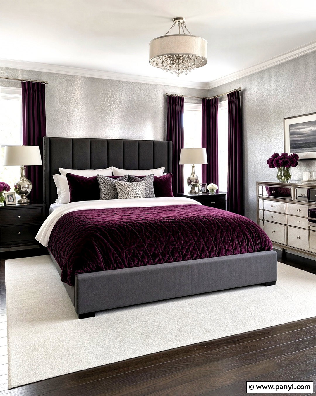 Silver Glam Bedroom Walls With Plum Accents - 20 silver paint walls