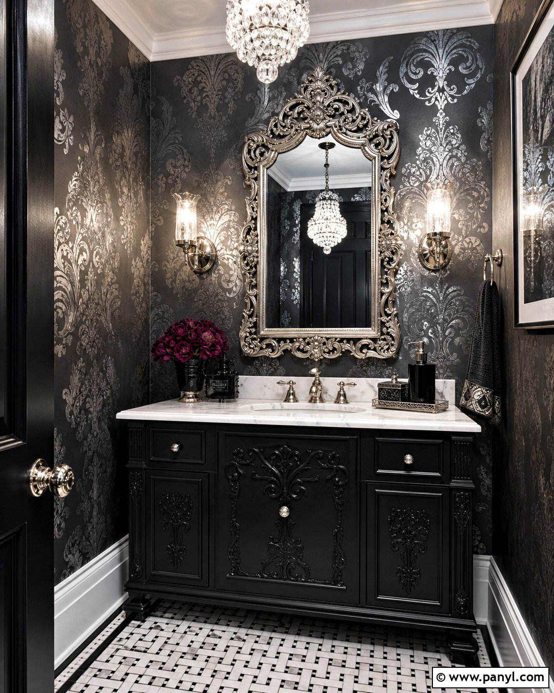 Silver Gothic Damask Wallpaper Powder Room - 20 gothic damask pattern wallpaper ideas