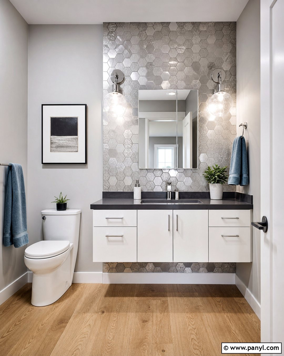 Silver Hexagon Tile Accent Wall - 20 Metallic Accent Wall Bathroom Ideas