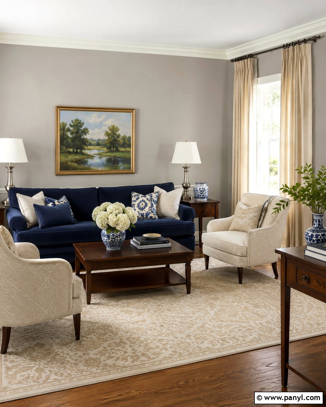 Silver Satin Living Room With Navy Accents - 20 silver satin walls