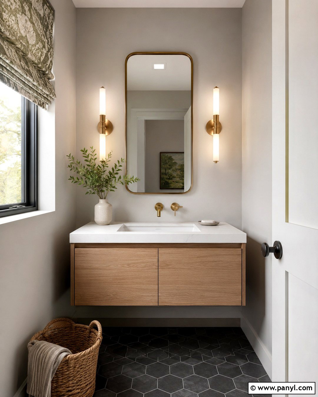 Silver Satin Powder Room With Wood Vanity - 20 silver satin walls